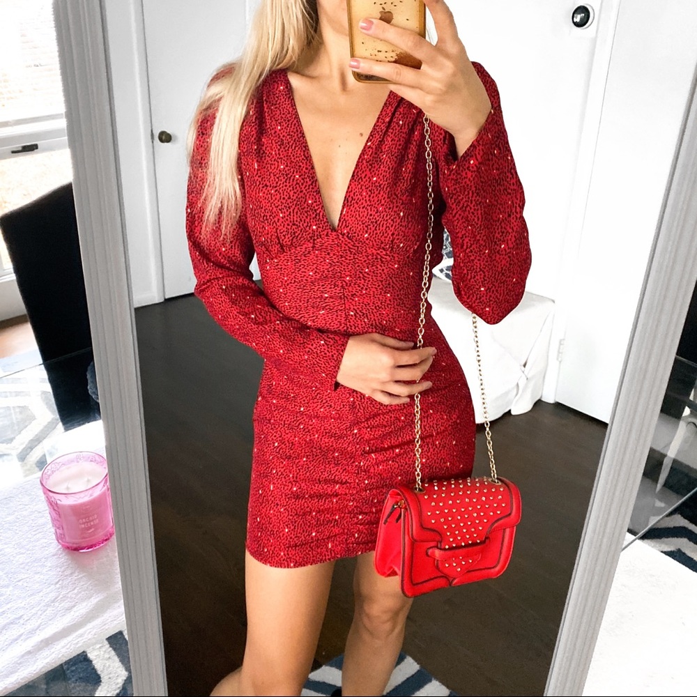 ❤️ ZARA RED BLACK ANIMAL PRINT LONG SLEEVE FIT & FLARE MINI DRESS! - Picture 2 of 11